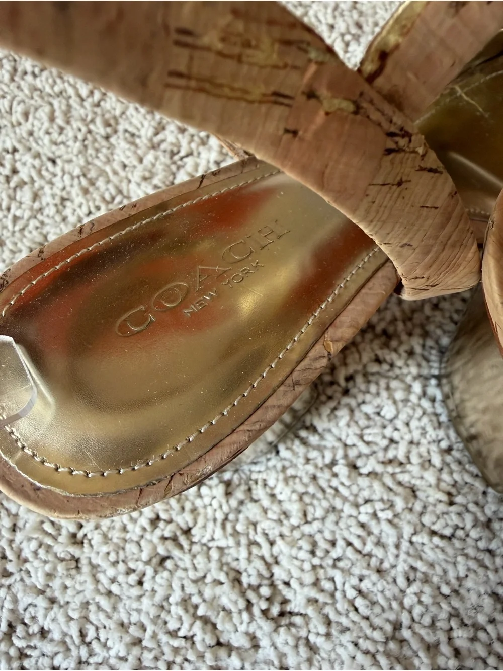 Coach Cork & Gold Leather Heeled Sandals